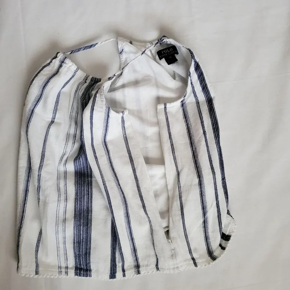 POLO Ralph Lauren Girls Blue Striped High‎ Neck Pom-Pom Hem Sleeveless Top Sz 10